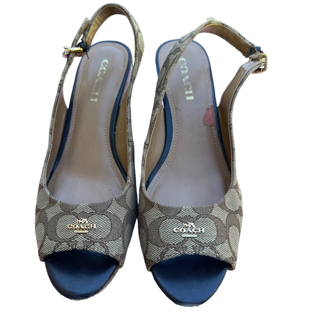 LADIES BROWN COACH SLINGBACK PLATFORM WEDGES SIZE 9B - Picture 2 of 7